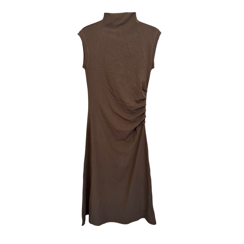 OGL Mockneck Tucks Midi Dress Medium Brown Career Office Party Cocktail NWT - Picture 2 of 6